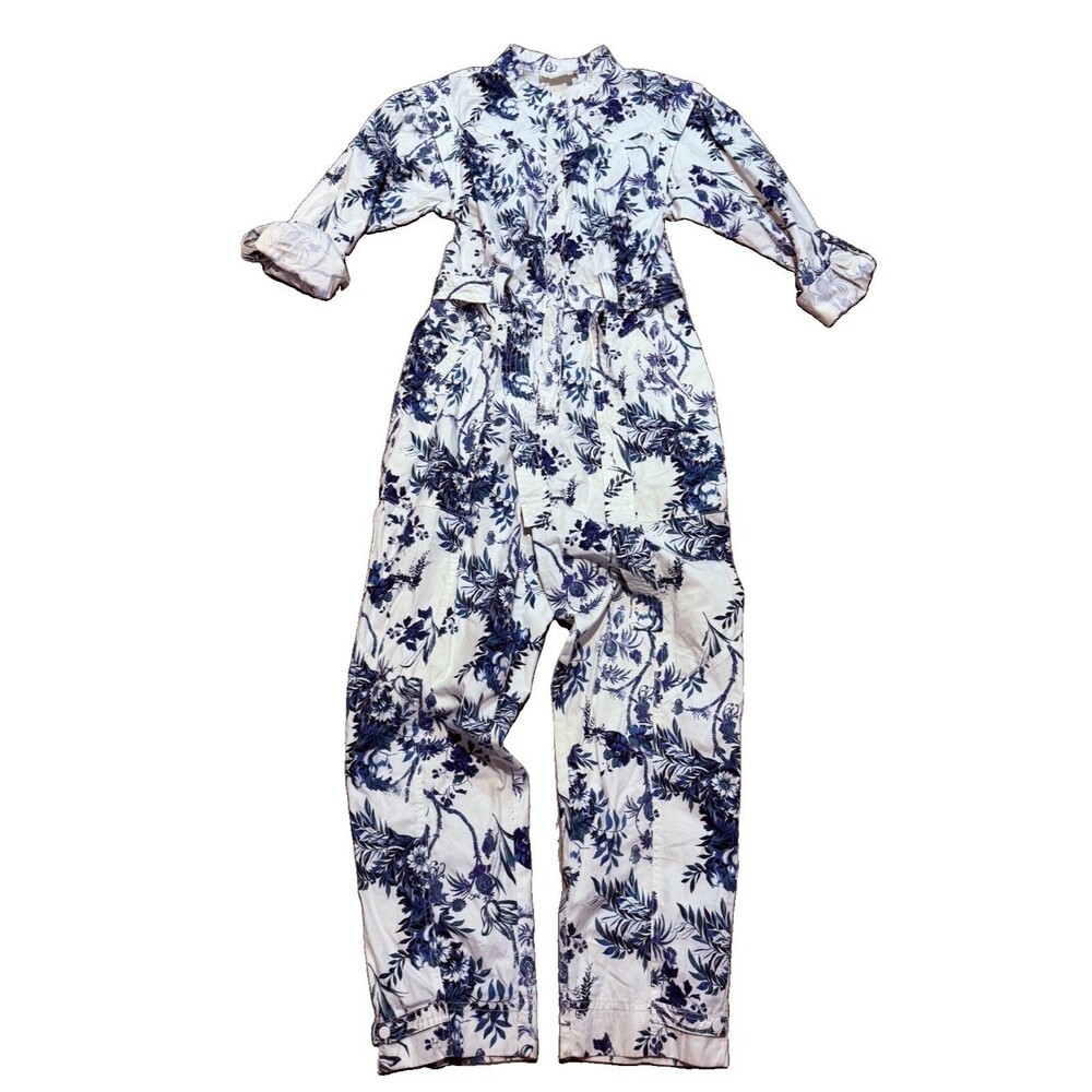 Anthropologie Blue & White Floral Lucienne Belted Long Sleeve Jumpsuit Size 6